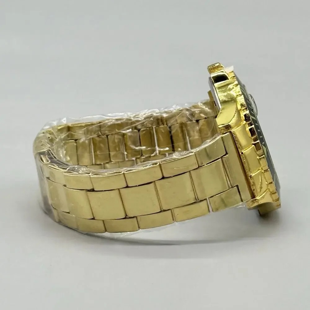 Men's Gold Dial Quartz Watch Stainless Steel Submariner Style Sports Wristwatch